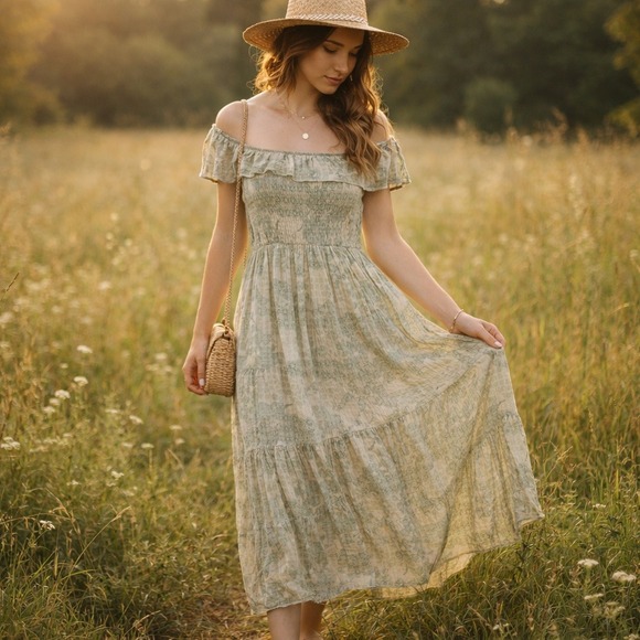 Wonderly Dresses & Skirts - Wonderly Sage Green Smocked Maxi Dress Cottagecore Boho Prairie Romantic Size L